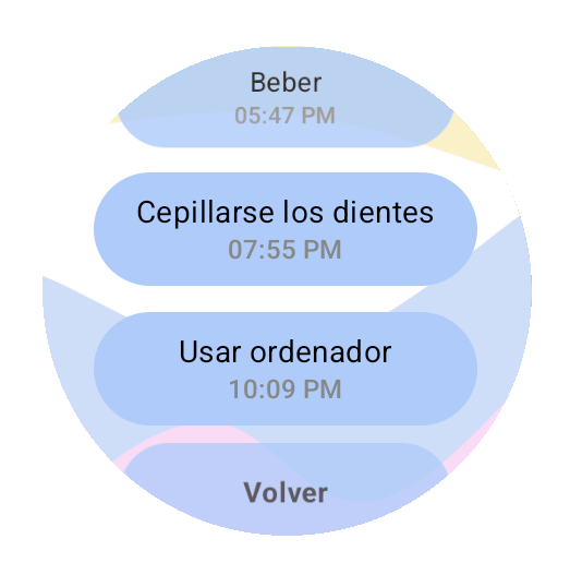 Interfaz Wear OS: inicio, menú e alarmas